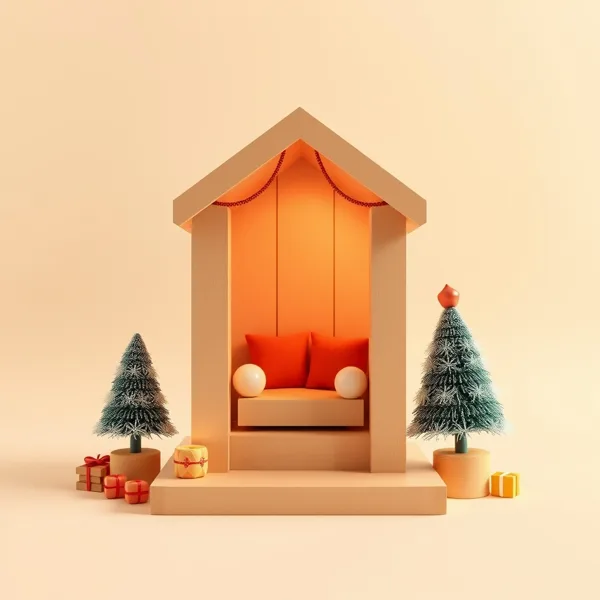 Satirische Illustration: Book Nook Holzbausatz – Weihnachts-Innenszene
