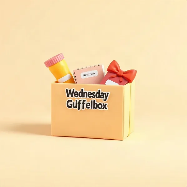 Satirische Illustration: Wednesday Geschenkbox (Flasche, Notizbuch & Snackbox)